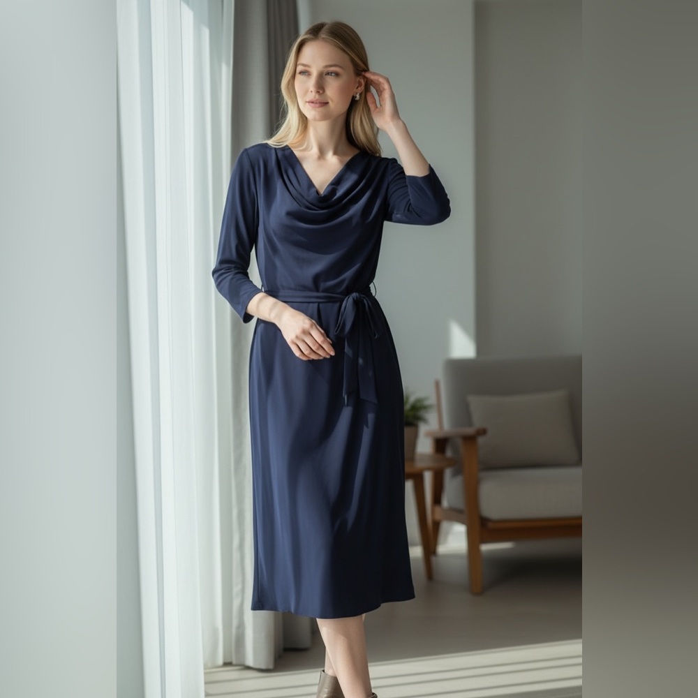 H&M Navy Blue Cowl‎ Neck Belted Midi Dress Womens Size 2 3/4 Sleeve Professional